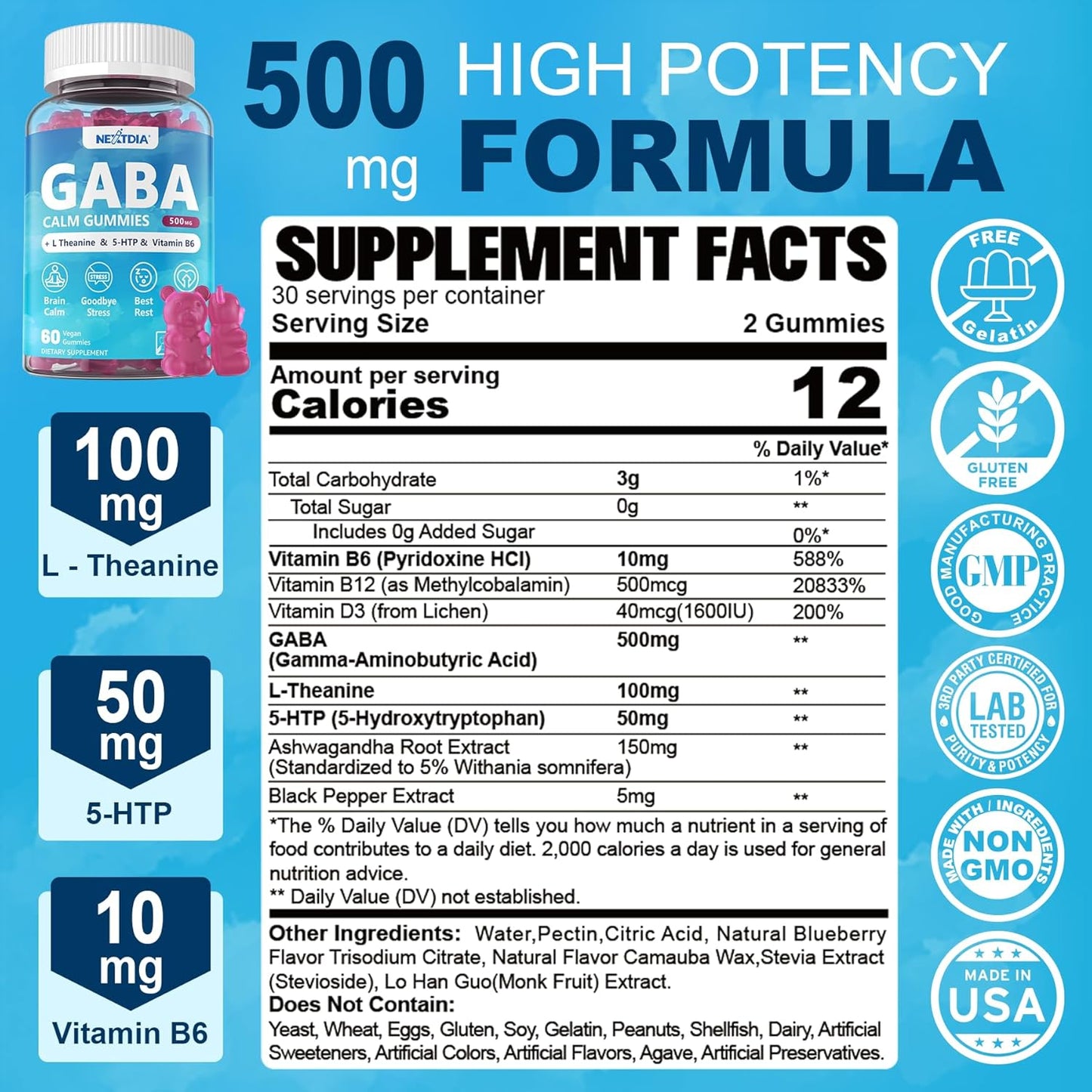 2-Pack GABA Gummies (500mg) + 2-Pack Vegan Vitamin D3 (5000IU) K2 Gummies - Whole Food Blend with Coconut Oil, Magnesium, Zinc