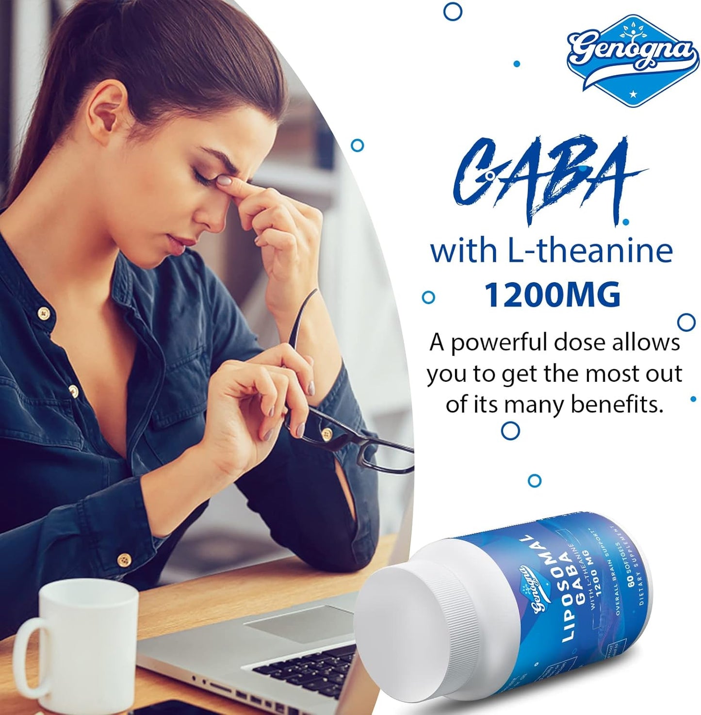 2 Pack Genogna Liposomal GABA with L-Theanine 1200mg - High Bioavailability GABA Supplements for Adults, 240 Capsules