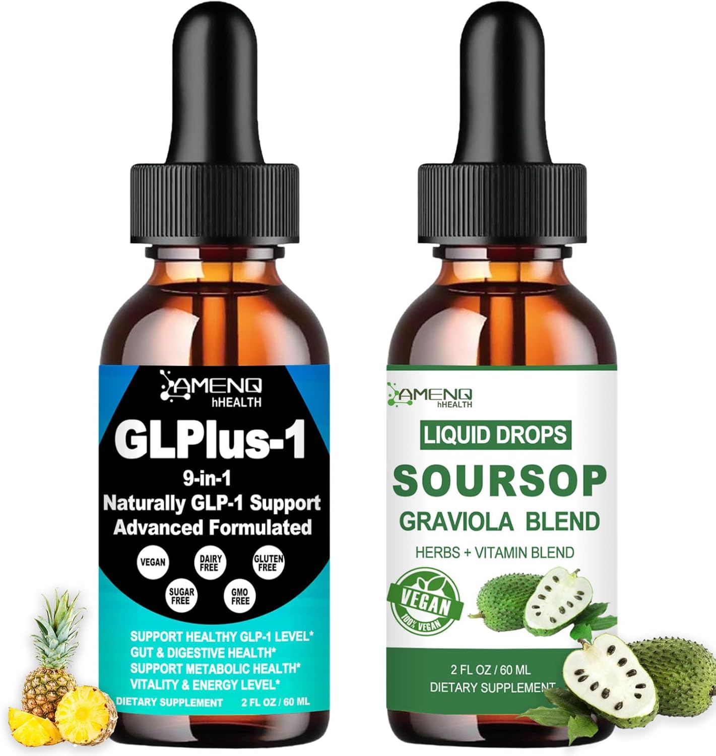 2 Pack GLP Supplement with Soursop Graviola Liquid Drops for Women & Men - Non GMO, Vegan, Gluten Free, Sugar Free