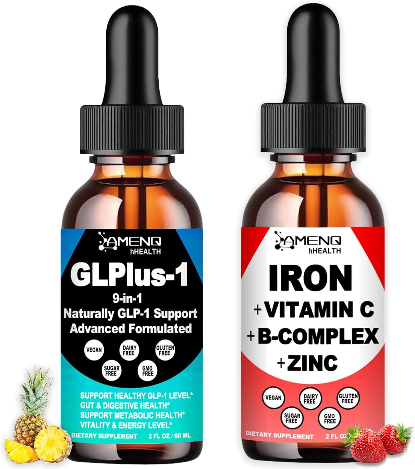 2 Pack GLP1 Supplement and Vegan Iron Drops for Men and Women - Promotes Gut Health, Digestion, and Energy - Non-GMO and Gluten-Free