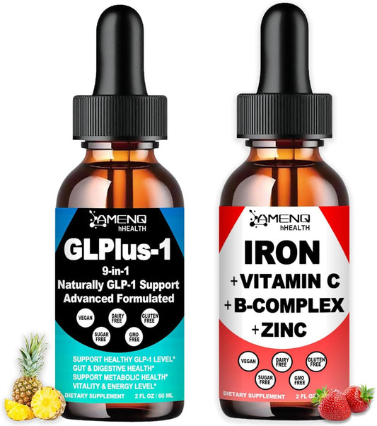 2 Pack GLP1 Supplement and Vegan Iron Drops for Men and Women - Promotes Gut Health, Digestion, and Energy - Non-GMO and Gluten-Free