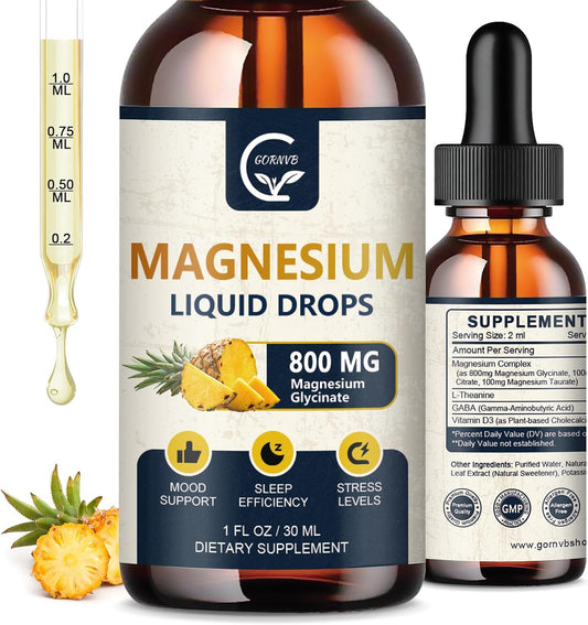 2 Pack GORNVB Magnesium Glycinate Liquid Drops - 1000mg Complex with D3, L-Thea & GABA - Energy, Sleep, Nerve & Heart Health - High Absorption - Pineapple Flavor