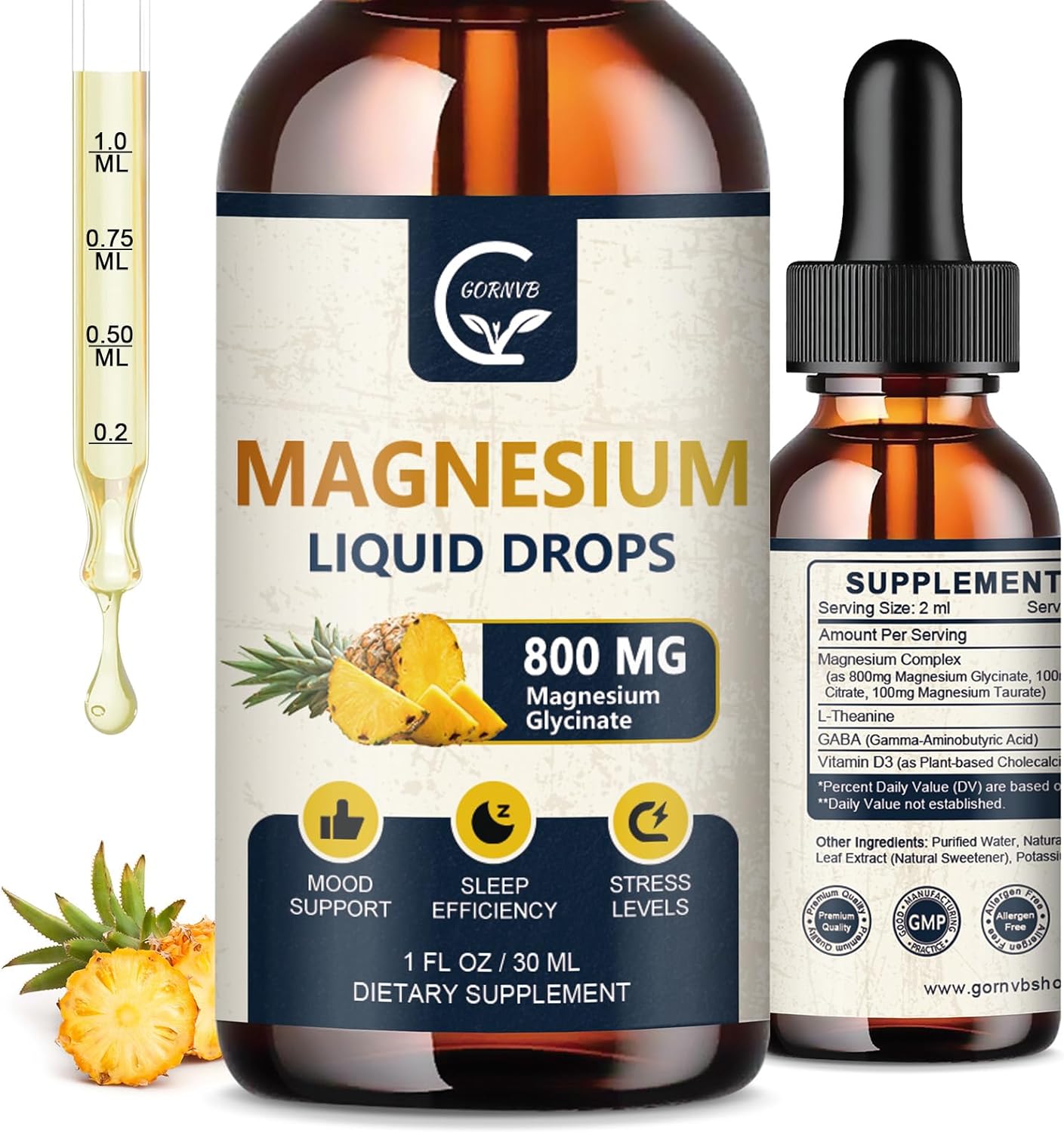2 Pack GORNVB Magnesium Glycinate Liquid Drops - 1000mg Complex with D3, L-Thea & GABA - Energy, Sleep, Nerve & Heart Health - High Absorption - Pineapple Flavor
