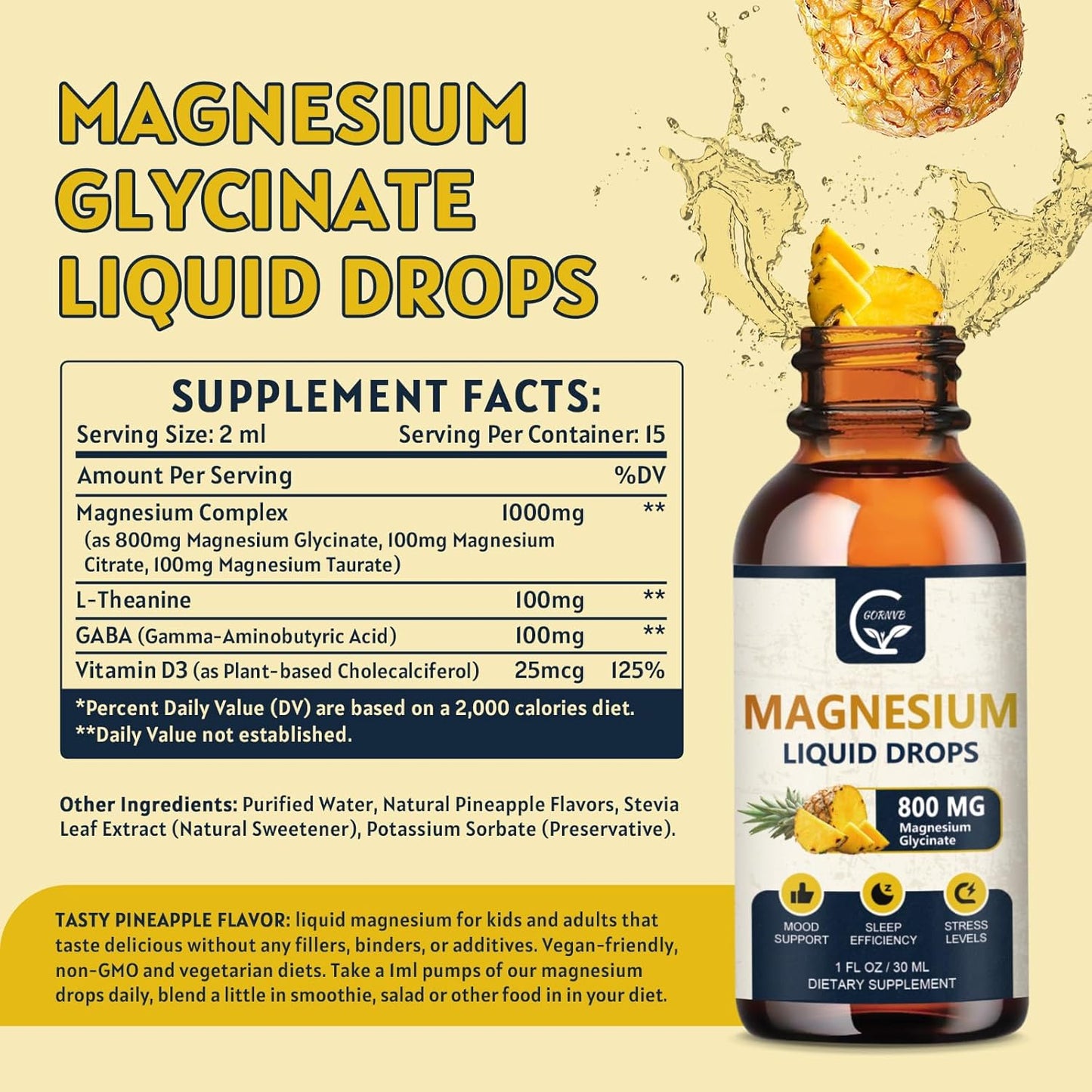2 Pack GORNVB Magnesium Glycinate Liquid Drops - 1000mg Complex with D3, L-Thea & GABA - Energy, Sleep, Nerve & Heart Health - High Absorption - Pineapple Flavor