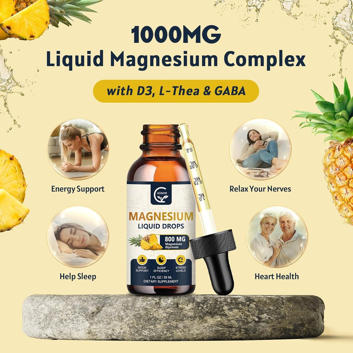 2 Pack GORNVB Magnesium Glycinate Liquid Drops - 1000mg Complex with D3, L-Thea & GABA - Energy, Sleep, Nerve & Heart Health - High Absorption - Pineapple Flavor