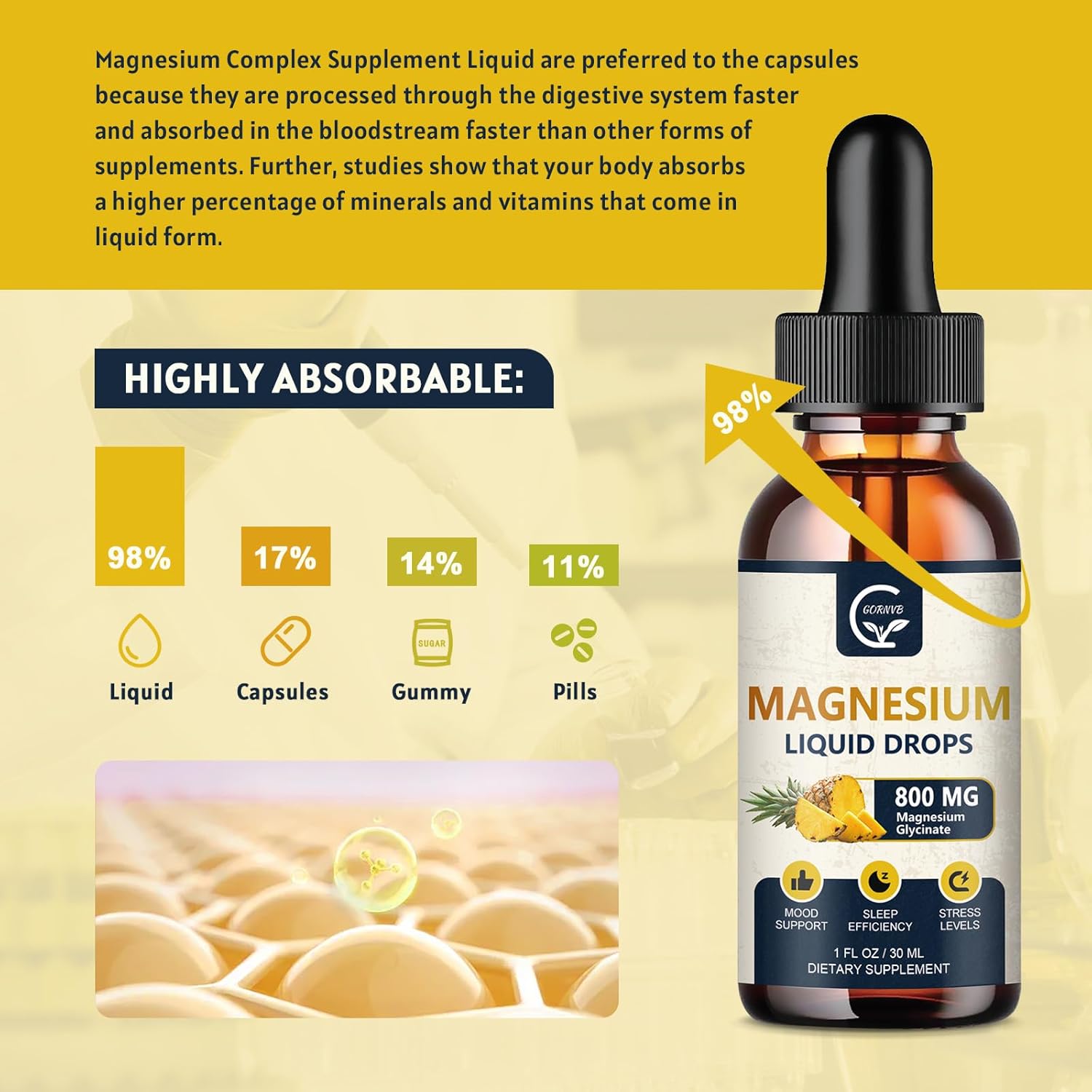 2 Pack GORNVB Magnesium Glycinate Liquid Drops - 1000mg Complex with D3, L-Thea & GABA - Energy, Sleep, Nerve & Heart Health - High Absorption - Pineapple Flavor