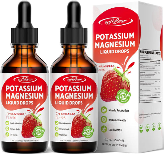 2 Pack High Absorption Calcium, Potassium, and Magnesium Liquid Drops for Bone & Muscle Health - Strawberry Flavor 4 Fl Oz