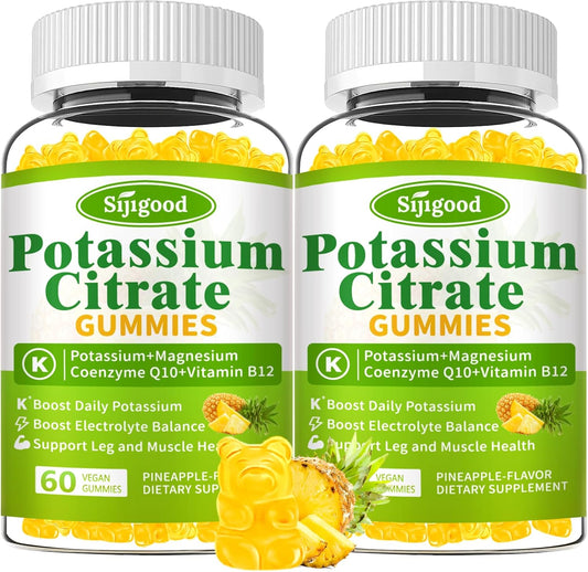2 Pack High Potency Potassium Citrate Gummies for Muscle Health, Leg Cramp Relief - Vegan, Non-GMO, Gluten-Free - Pineapple Flavor - 120 Count