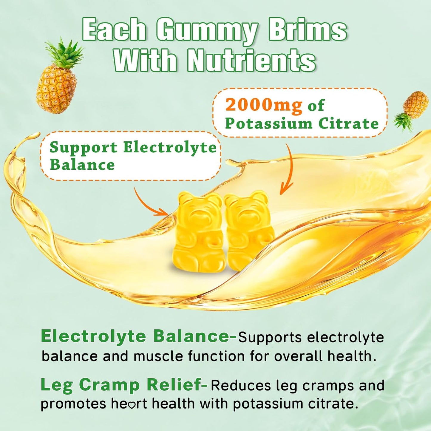 2 Pack High Potency Potassium Citrate Gummies for Muscle Health, Leg Cramp Relief - Vegan, Non-GMO, Gluten-Free - Pineapple Flavor - 120 Count