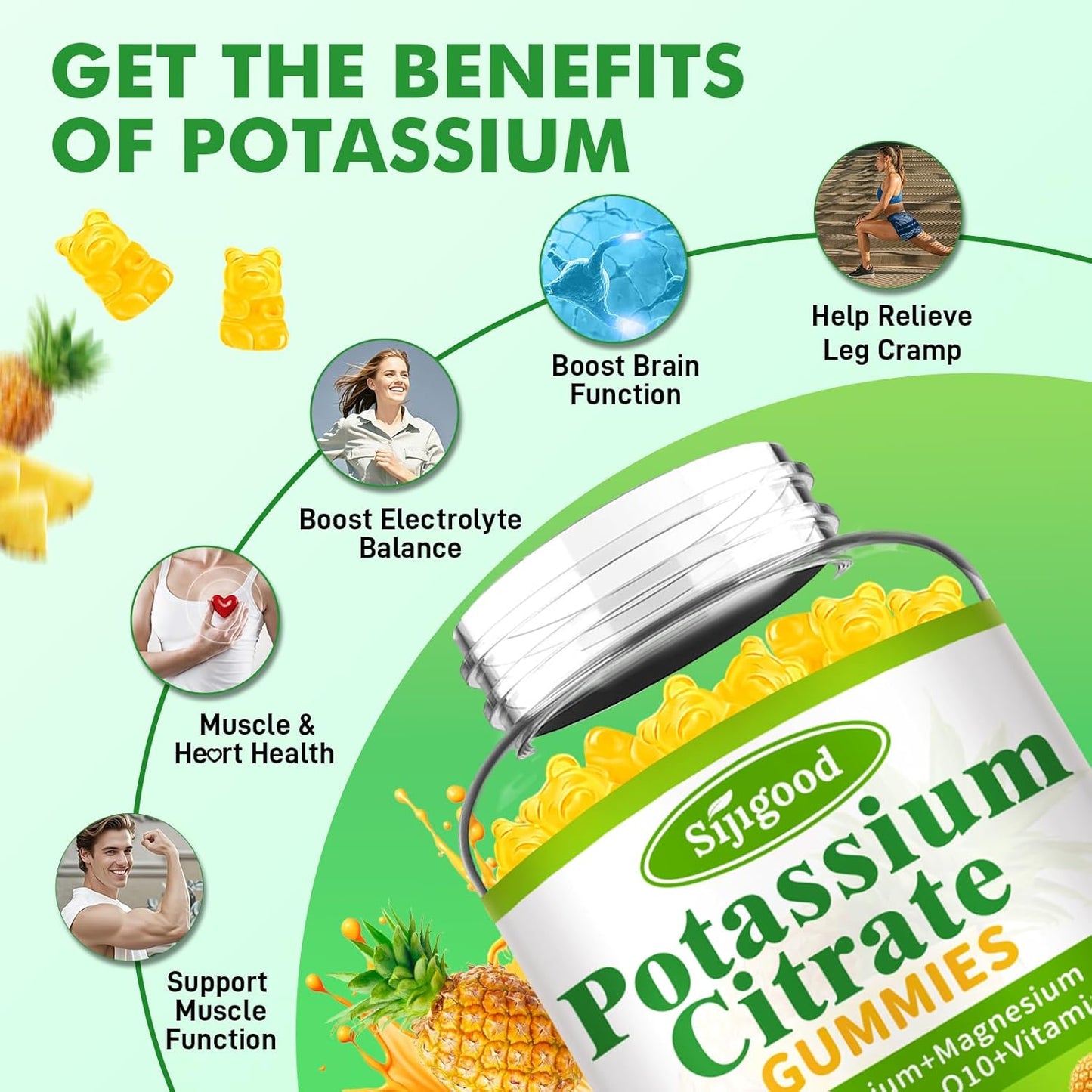 2 Pack High Potency Potassium Citrate Gummies for Muscle Health, Leg Cramp Relief - Vegan, Non-GMO, Gluten-Free - Pineapple Flavor - 120 Count