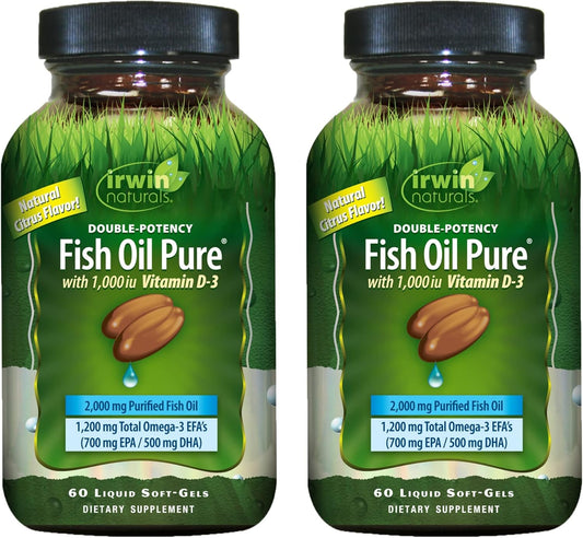 2-Pack Irwin Naturals Double-Potency Fish Oil Pure - 60 Liquid Soft-Gels, 2,000 mg Purified Fish Oil with Vitamin D3 - 60 Servings