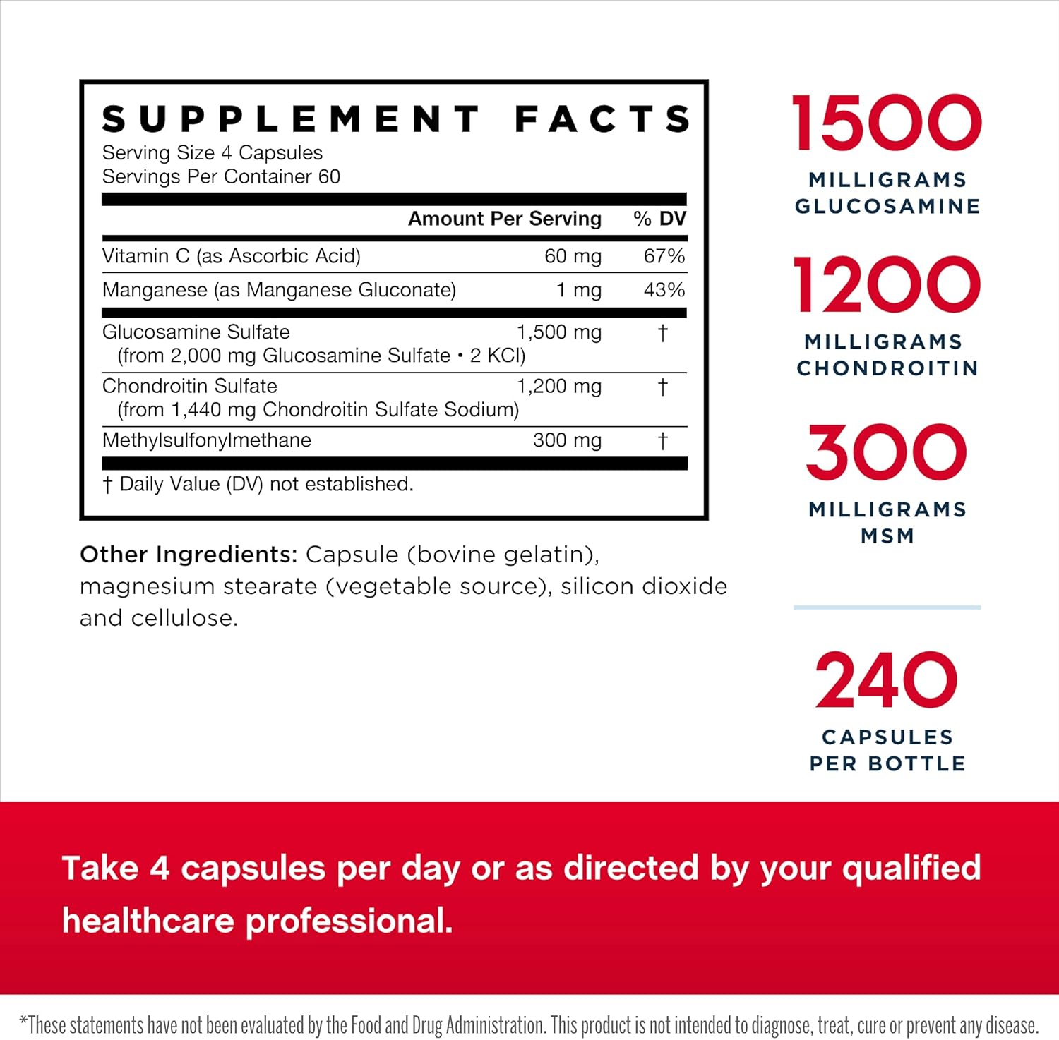 2-Pack Jarrow Formulas Glucosamine Chondroitin MSM Capsules - Joint Health Support with Vitamin C & Manganese - 240 Capsules, 120 Servings
