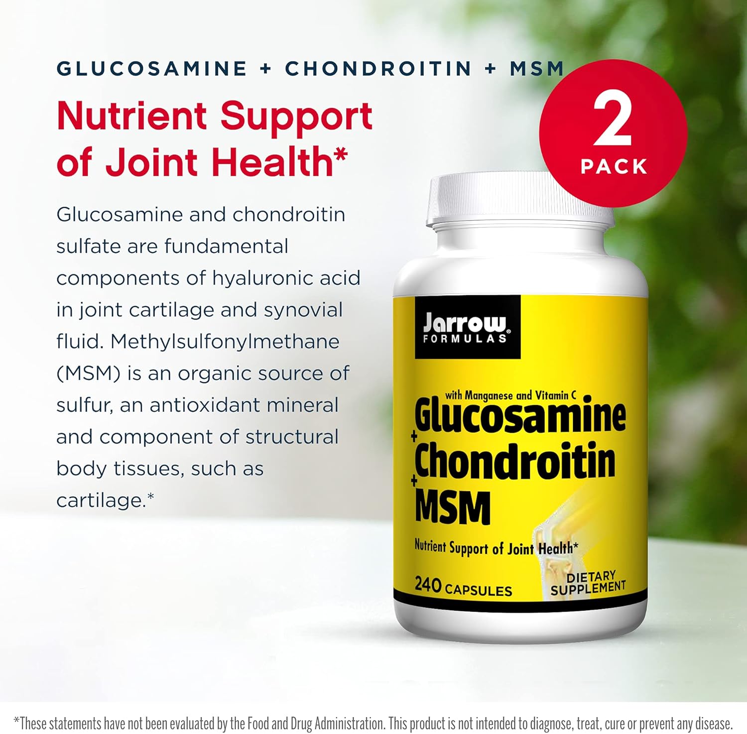 2-Pack Jarrow Formulas Glucosamine Chondroitin MSM Capsules - Joint Health Support with Vitamin C & Manganese - 240 Capsules, 120 Servings