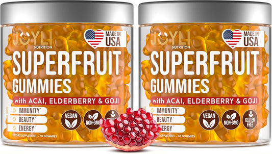 2 Pack JOYLI Nutrition Multivitamin Fruit Gummies with Vitamins A, C, D, & E - Superfruit Gummy for Adults & Kids - Goji & Elderberry - Immunity, Digestion, Energy - 60 Chewable Veggie Gummies
