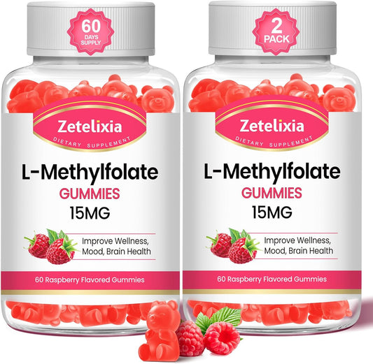 2 Pack L-Methylfolate 15mg Gummies with Methylated B12 for MTHFR Mutation Support