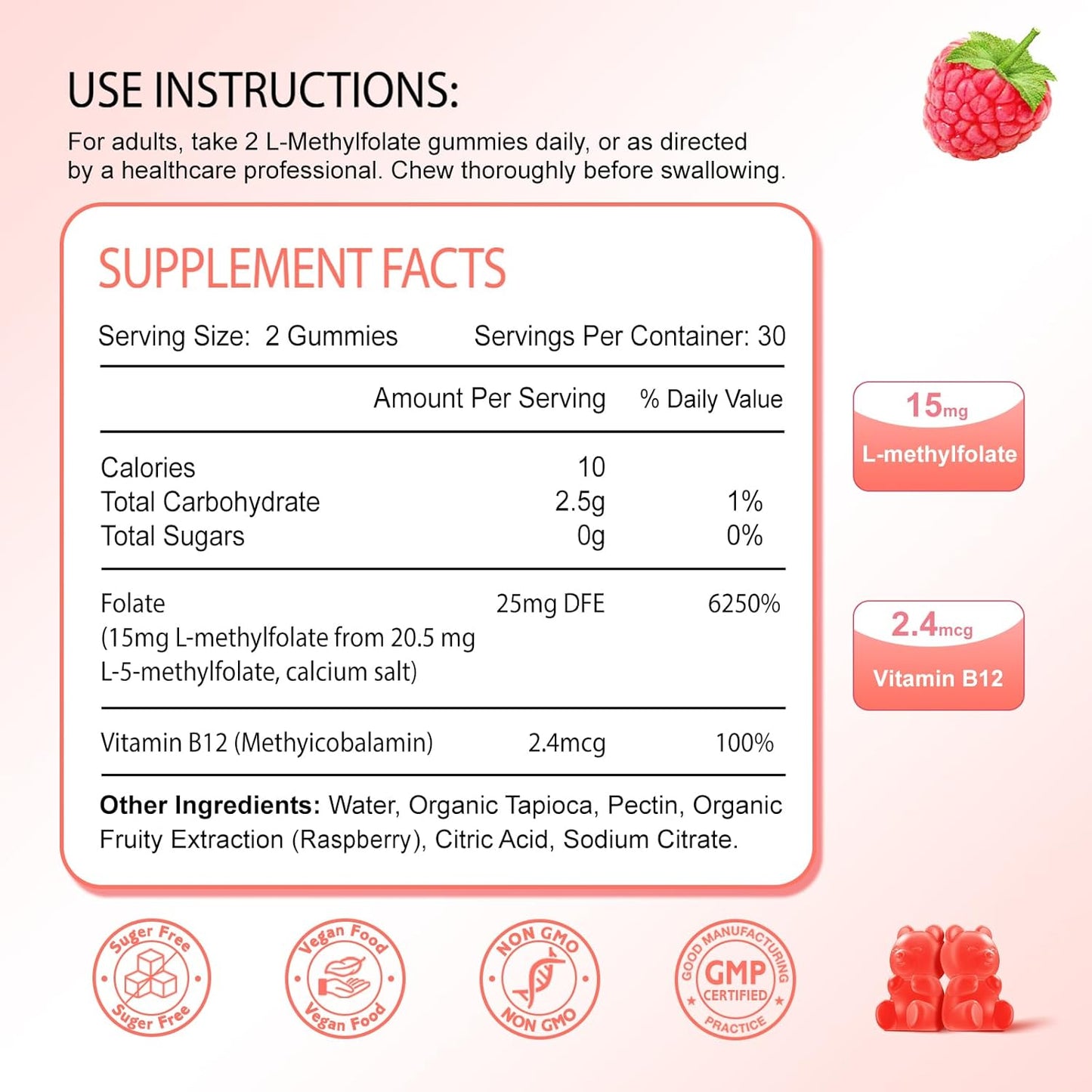 2 Pack L-Methylfolate 15mg Gummies with Methylated B12 for MTHFR Mutation Support