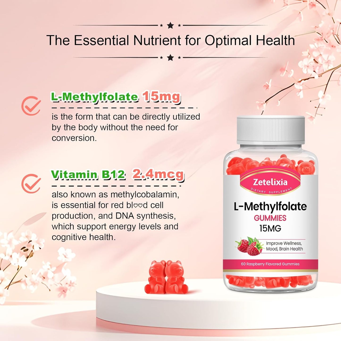 2 Pack L-Methylfolate 15mg Gummies with Methylated B12 for MTHFR Mutation Support
