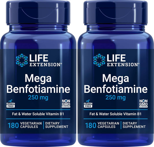2 Pack Life Extension Mega Benfotiamine 250 mg Capsules - Vegetarian B Vitamin Supplement with Thiamine for Extended Health