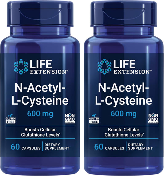 2 Pack Life Extension N-Acetyl-L-Cysteine (NAC) 600mg Capsules for Immune, Respiratory, and Liver Health - Powerful Antioxidant and Free-Radical Support