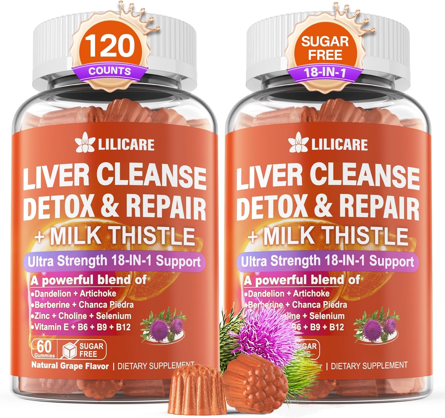 2-Pack LILICARE Milk Thistle Liver Detox Gummies - 18-in-1 Liver Cleanse Supplement with Organic Ingredients