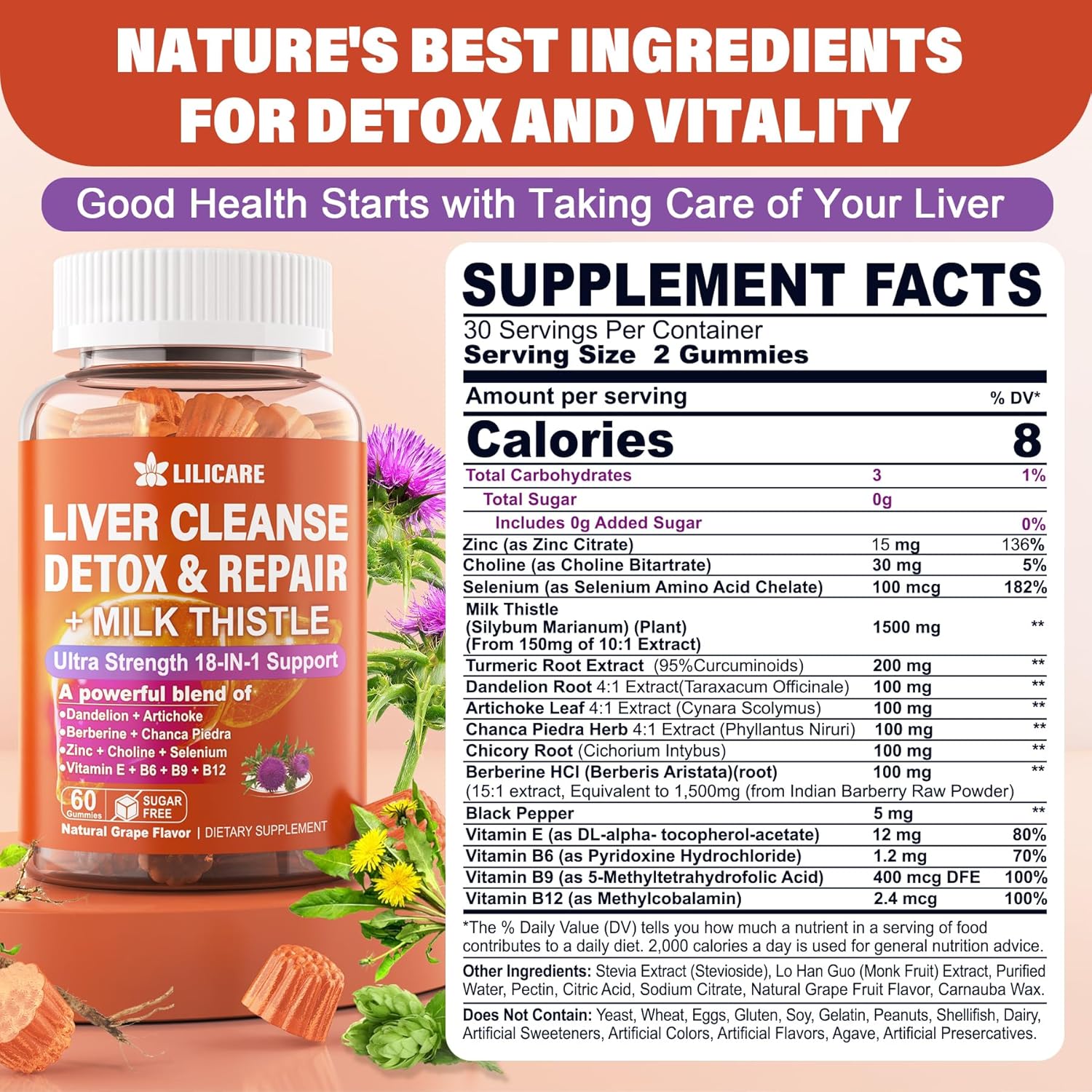 2-Pack LILICARE Milk Thistle Liver Detox Gummies - 18-in-1 Liver Cleanse Supplement with Organic Ingredients