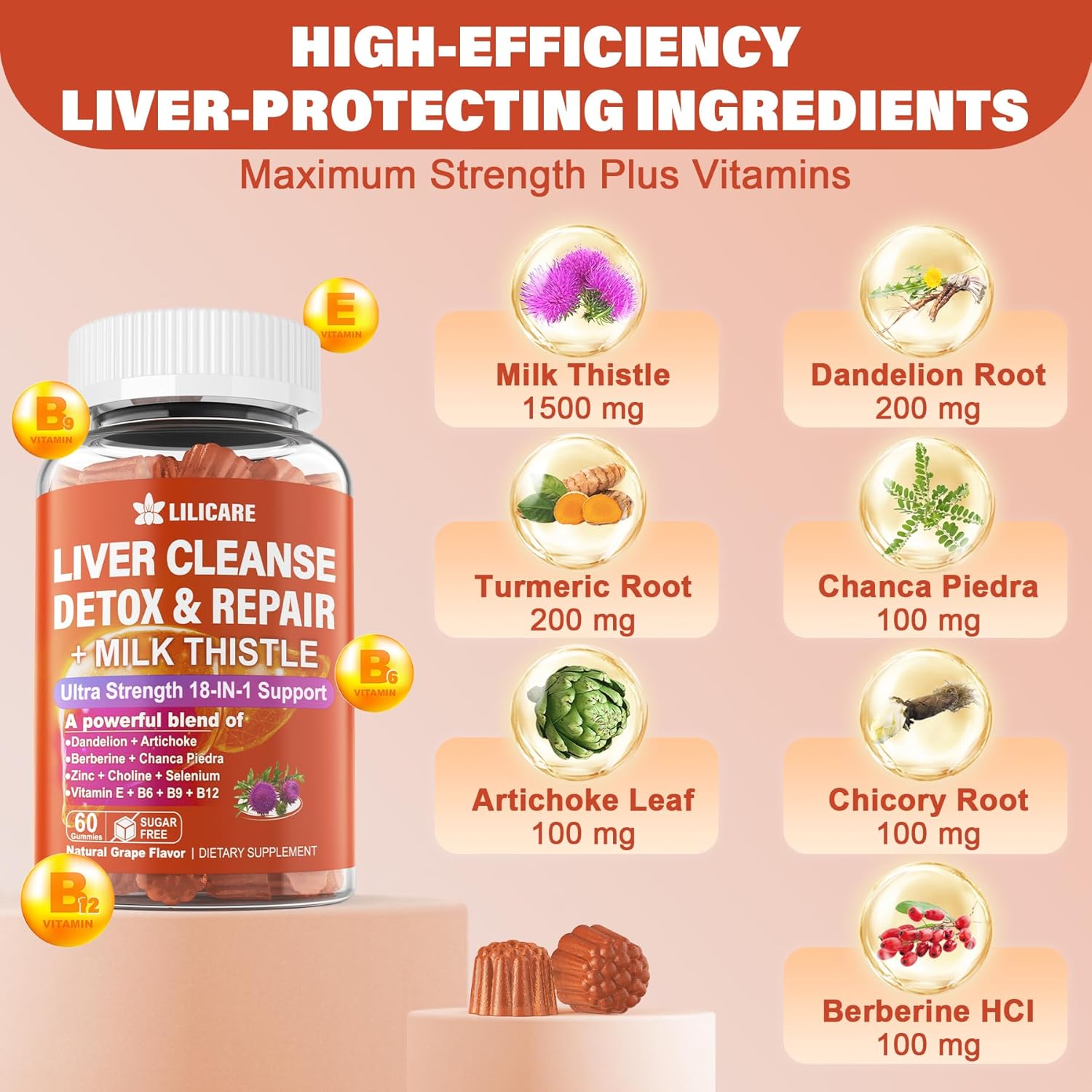 2-Pack LILICARE Milk Thistle Liver Detox Gummies - 18-in-1 Liver Cleanse Supplement with Organic Ingredients