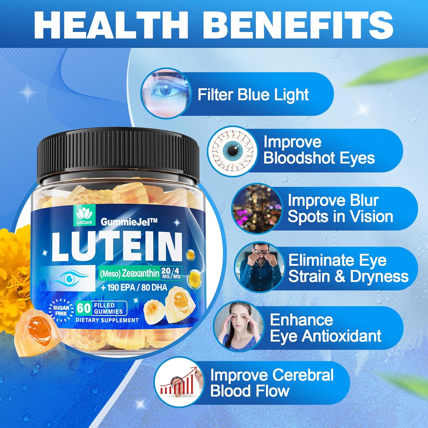 2-Pack LILICARE Sugar-Free Lutein and Zeaxanthin Gummies for Eye Health with EPA, DHA, and Antioxidants - Vegan Eye Vitamins for Adults