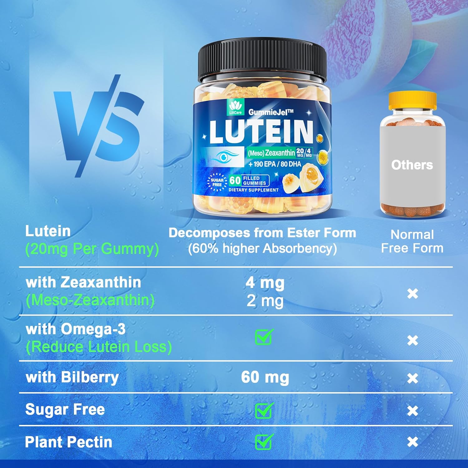 2-Pack LILICARE Sugar-Free Lutein and Zeaxanthin Gummies for Eye Health with EPA, DHA, and Antioxidants - Vegan Eye Vitamins for Adults