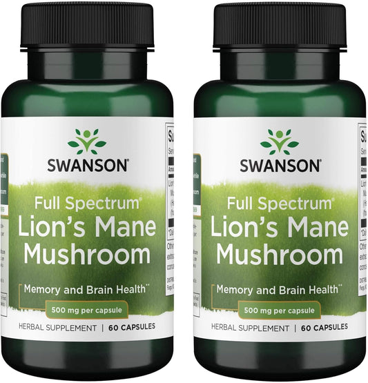 2 Pack Lion's Mane Mushroom Capsules - 500 mg, 60 Capsules Each - Cognitive Function Support Supplement
