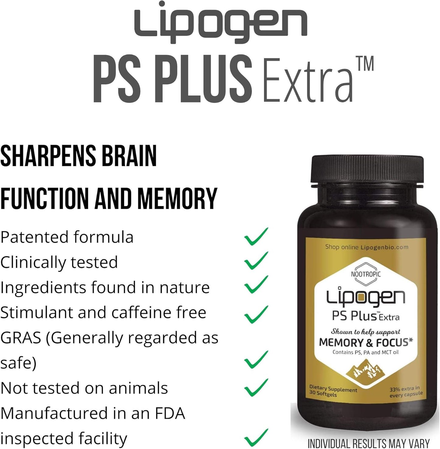 2 Pack Lipogen Brain Booster Supplement with 133mg Phosphatidylserine - Memory & Focus Support Softgels for Mental Energy & Brain Health