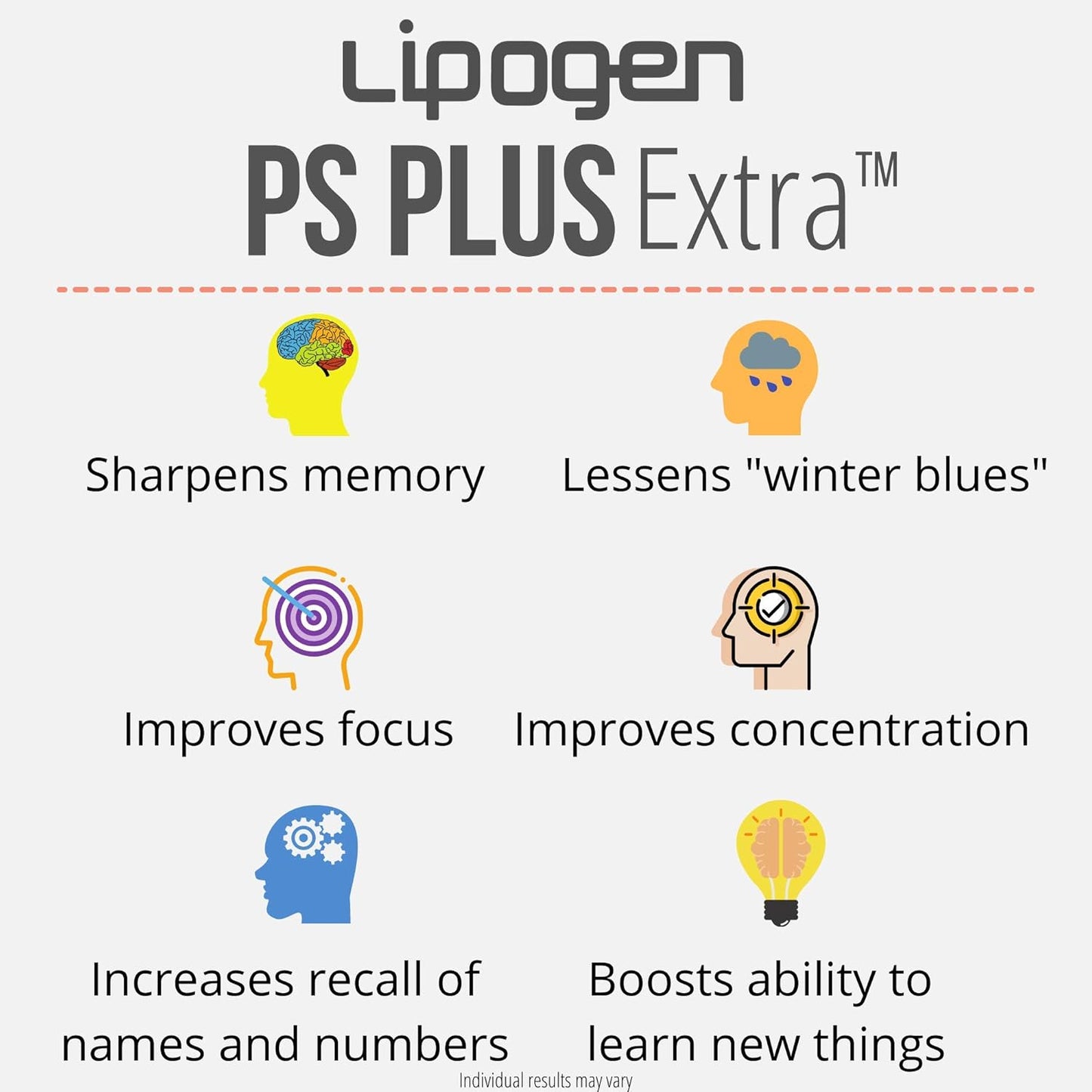 2 Pack Lipogen Brain Booster Supplement with 133mg Phosphatidylserine - Memory & Focus Support Softgels for Mental Energy & Brain Health