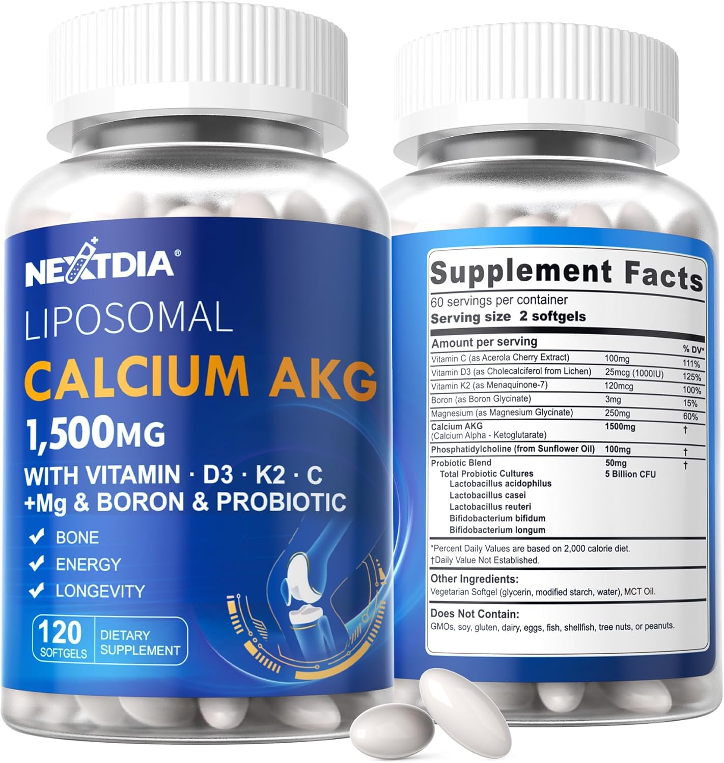 2 Pack Liposomal Calcium AKG Supplement with Vitamin D3 & K2 for Bone Strength - 240 Softgels