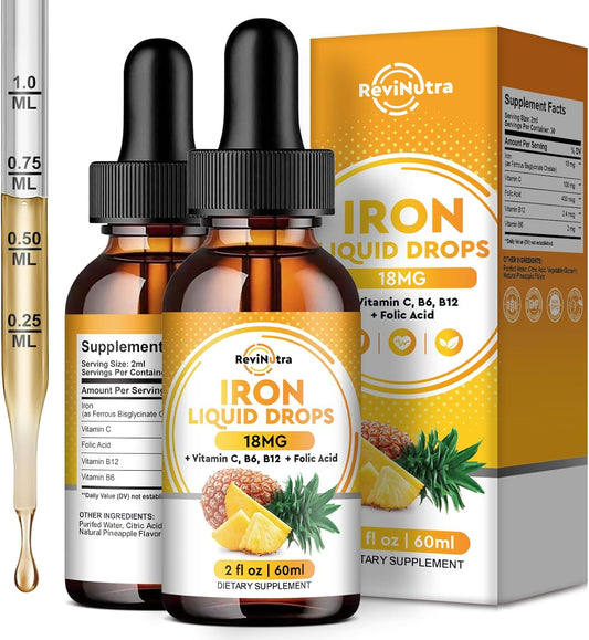 2 Pack Liquid Iron Supplement with Folate, Vitamin C, B6, B12 for Anemia & Energy Support - Pineapple Flavor, Women, Men & Kids