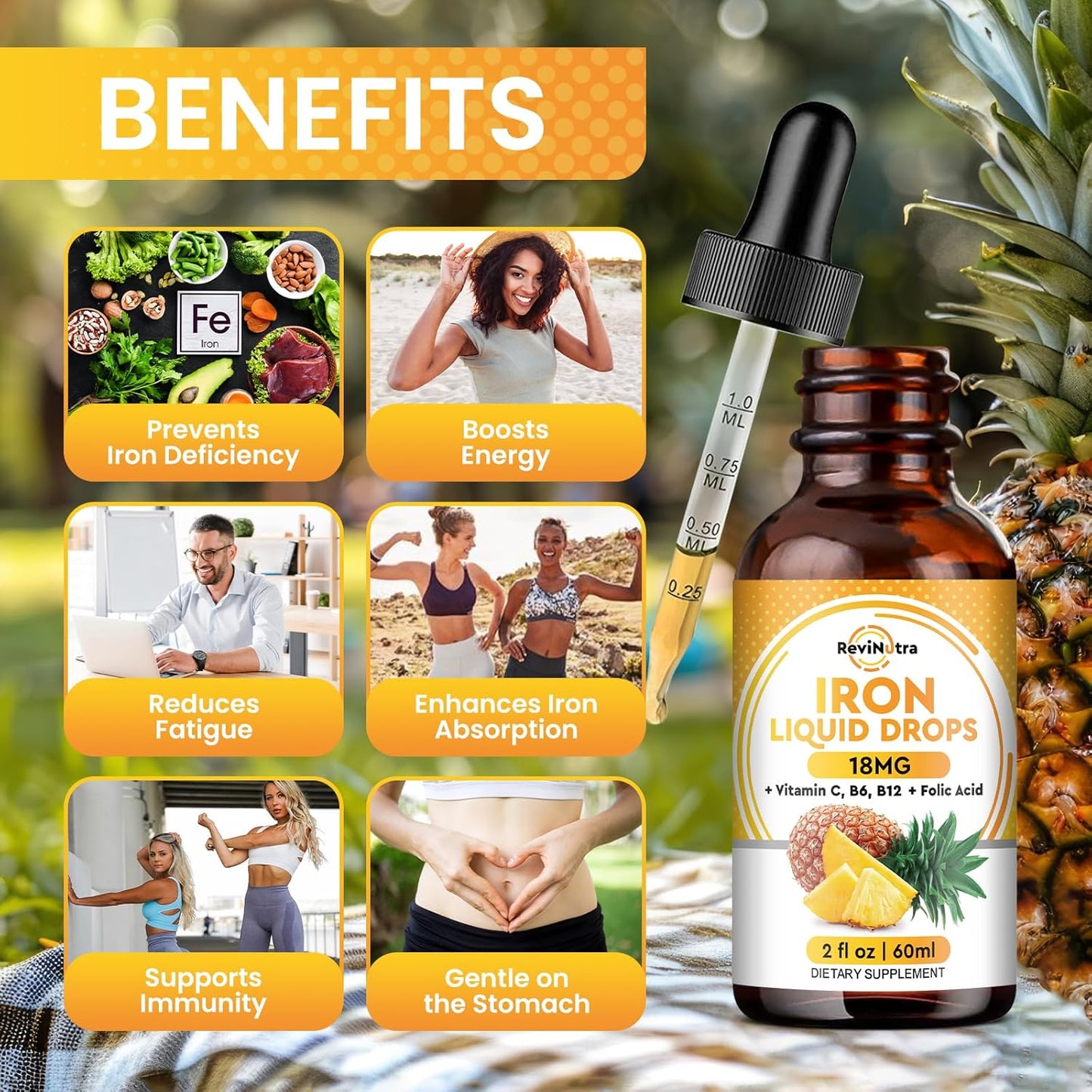 2 Pack Liquid Iron Supplement with Folate, Vitamin C, B6, B12 for Anemia & Energy Support - Pineapple Flavor, Women, Men & Kids