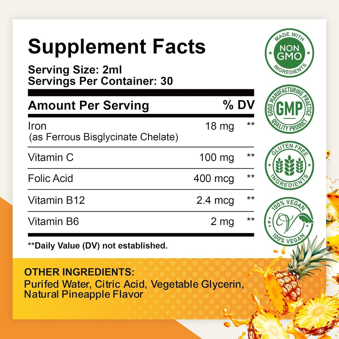 2 Pack Liquid Iron Supplement with Folate, Vitamin C, B6, B12 for Anemia & Energy Support - Pineapple Flavor, Women, Men & Kids