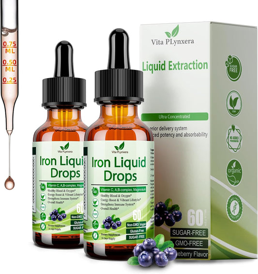 2 Pack Liquid Iron Supplement with Vitamin C, B12, B-Complex for Women, Men & Kids - Vegan Iron Drops for Anemia, Energy Support - High Potency Multivitamin with Magnesium Iron - Gentle Formula