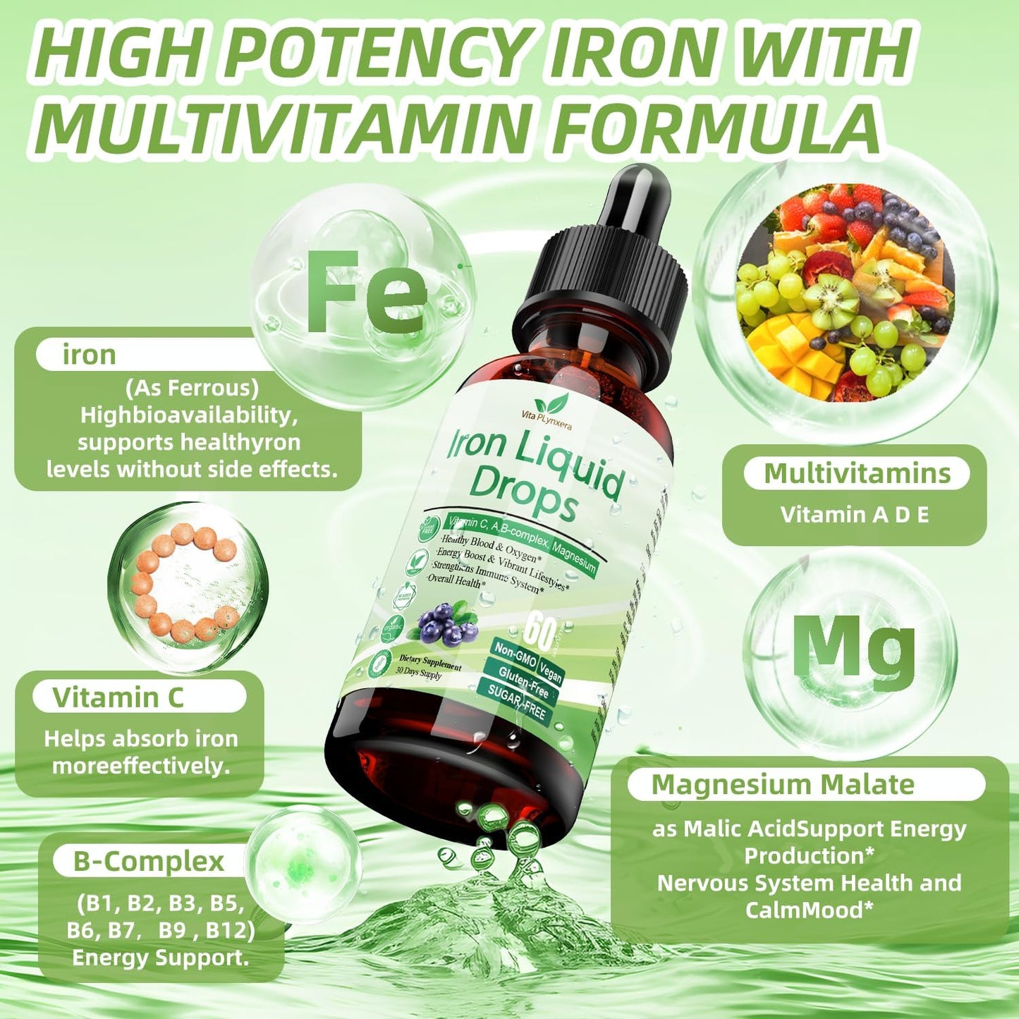 2 Pack Liquid Iron Supplement with Vitamin C, B12, B-Complex for Women, Men & Kids - Vegan Iron Drops for Anemia, Energy Support - High Potency Multivitamin with Magnesium Iron - Gentle Formula
