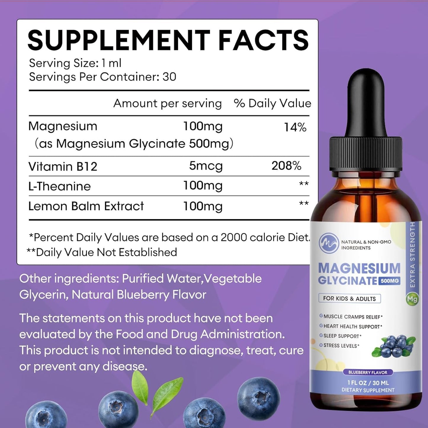 2 Pack Liquid Magnesium Glycinate with L-Theanine & Lemon Balm - Promotes Relaxation, Sleep, Bone, Muscle & Heart Health - Gluten Free - 60 Day Supply