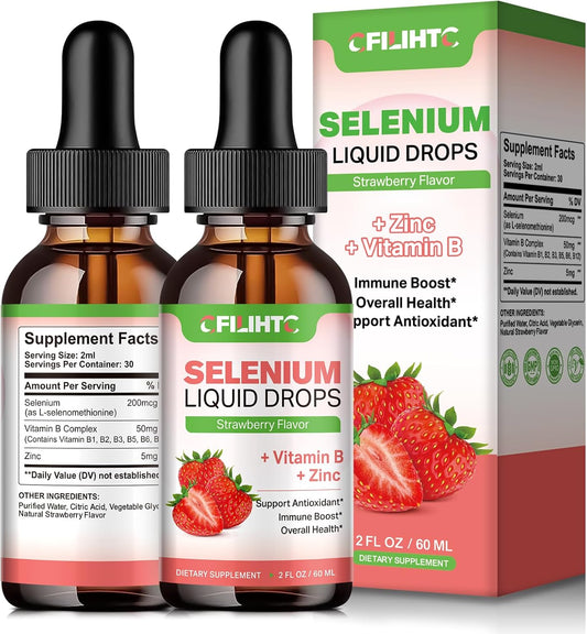 2-Pack Liquid Selenium Drops with Vitamin B Complex and Zinc - Immune System Support, Antioxidant & Heart Health - High Absorption Strawberry Flavor - 200mcg - 2 Fl Oz