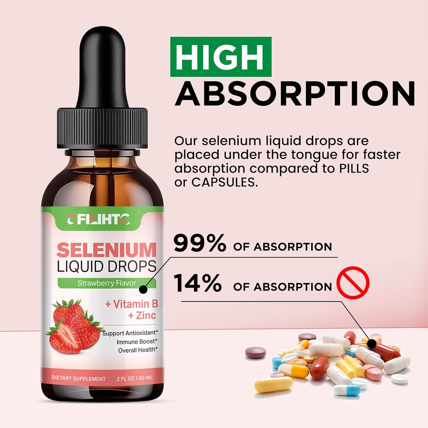 2-Pack Liquid Selenium Drops with Vitamin B Complex and Zinc - Immune System Support, Antioxidant & Heart Health - High Absorption Strawberry Flavor - 200mcg - 2 Fl Oz