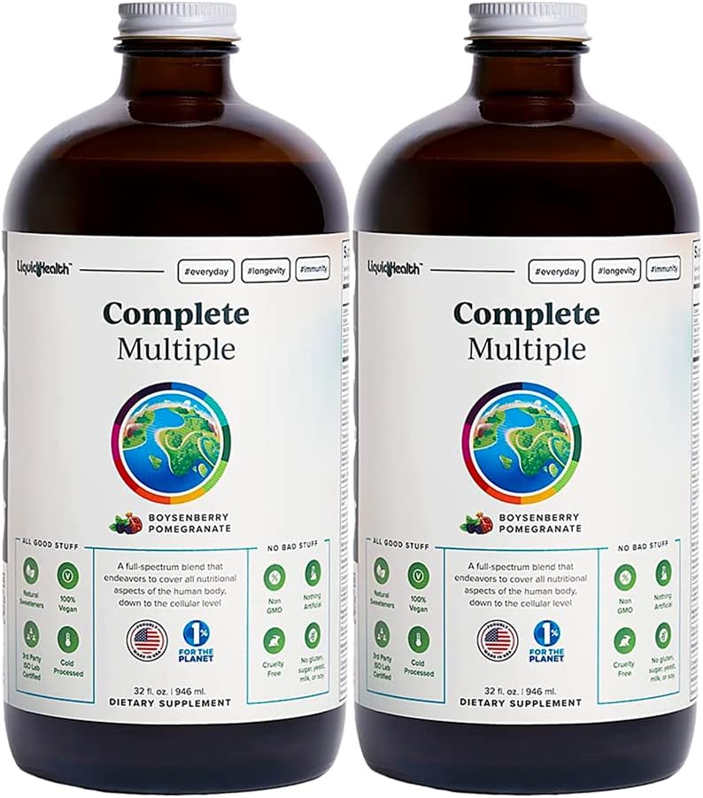 2-Pack LiquidHealth 32 Oz Liquid Multivitamin for Adults - Complete Multiple, Immune Support, Non-GMO, Vegan, Gluten Free, Sugar Free, Prebiotic Fiber Supplement