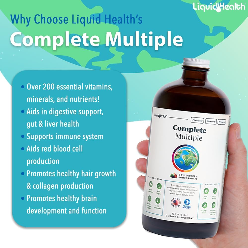 2-Pack LiquidHealth 32 Oz Liquid Multivitamin for Adults - Complete Multiple, Immune Support, Non-GMO, Vegan, Gluten Free, Sugar Free, Prebiotic Fiber Supplement
