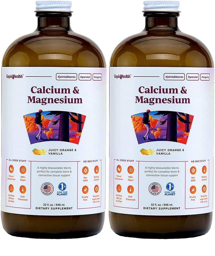 2-Pack LiquidHealth Calcium & Magnesium Adult Vitamin Supplement - Supports Bones, Joints, Muscles, Heart Health - Vegan, Non-GMO, Sugar-Free - Great Taste