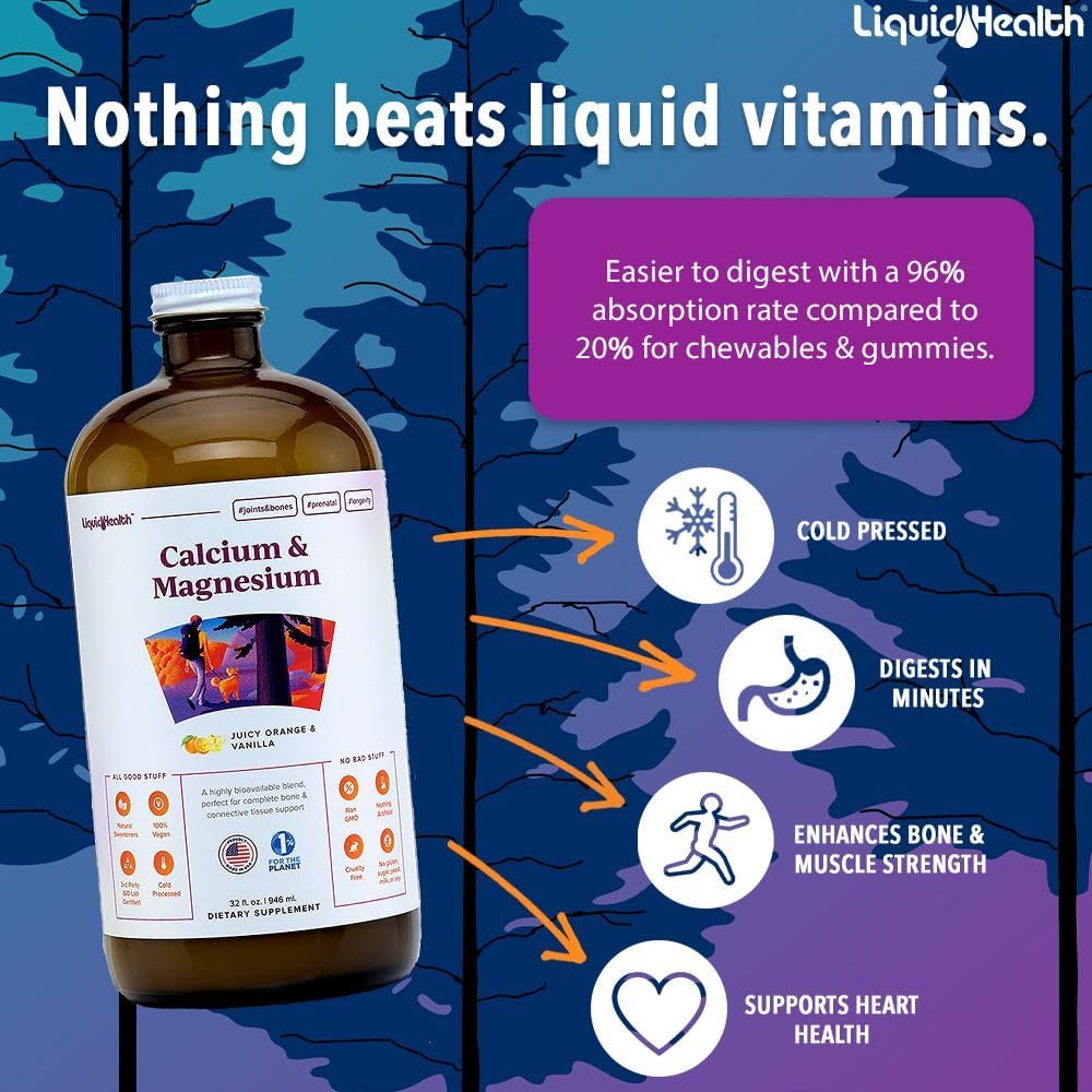2-Pack LiquidHealth Calcium & Magnesium Adult Vitamin Supplement - Supports Bones, Joints, Muscles, Heart Health - Vegan, Non-GMO, Sugar-Free - Great Taste
