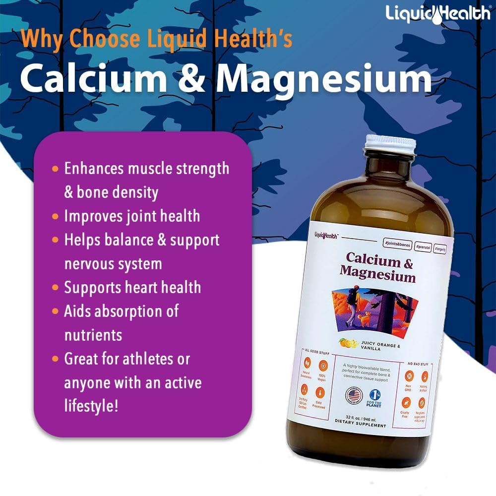 2-Pack LiquidHealth Calcium & Magnesium Adult Vitamin Supplement - Supports Bones, Joints, Muscles, Heart Health - Vegan, Non-GMO, Sugar-Free - Great Taste
