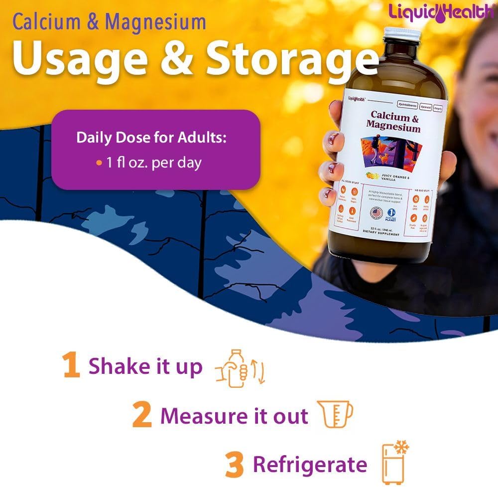 2-Pack LiquidHealth Calcium & Magnesium Adult Vitamin Supplement - Supports Bones, Joints, Muscles, Heart Health - Vegan, Non-GMO, Sugar-Free - Great Taste