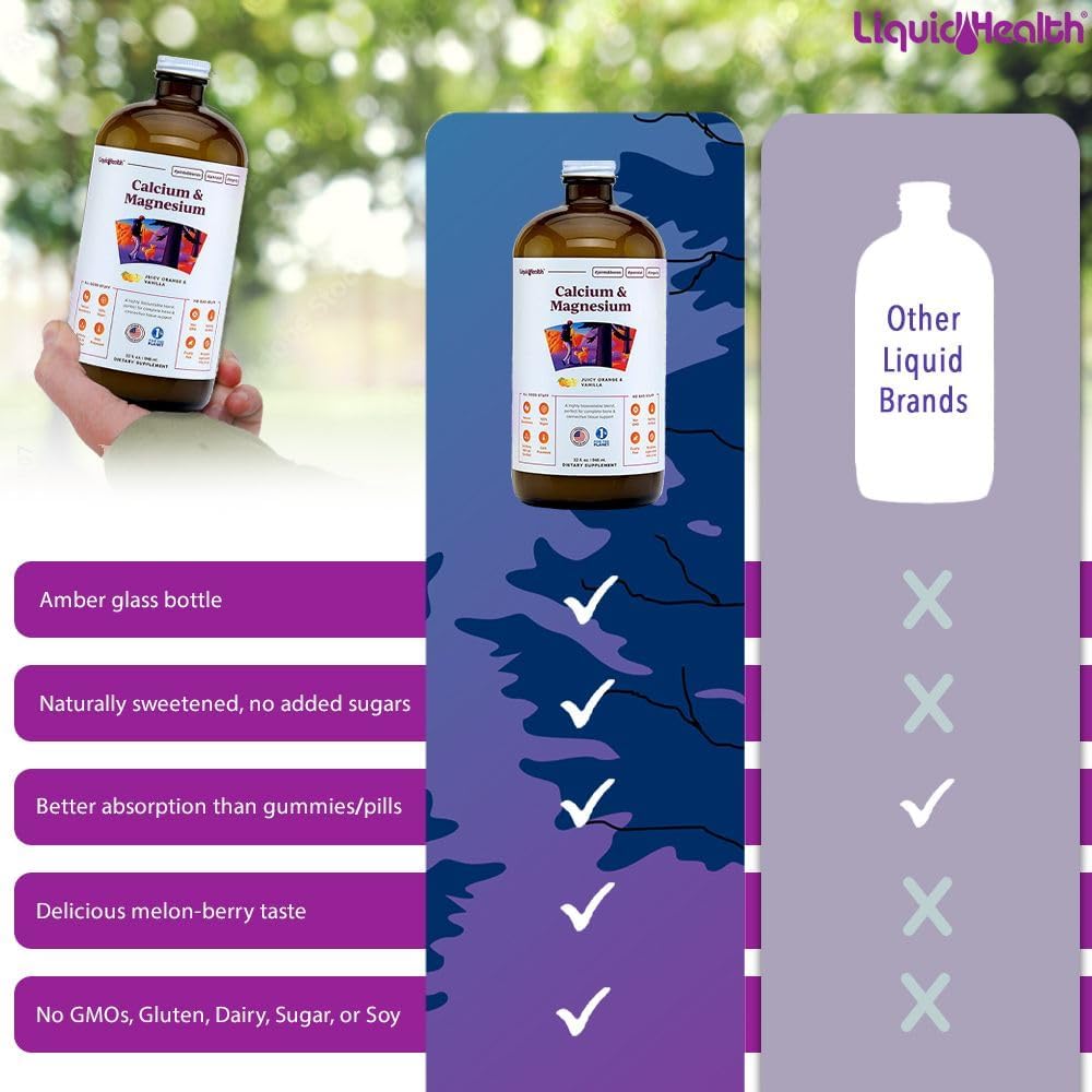 2-Pack LiquidHealth Calcium & Magnesium Adult Vitamin Supplement - Supports Bones, Joints, Muscles, Heart Health - Vegan, Non-GMO, Sugar-Free - Great Taste