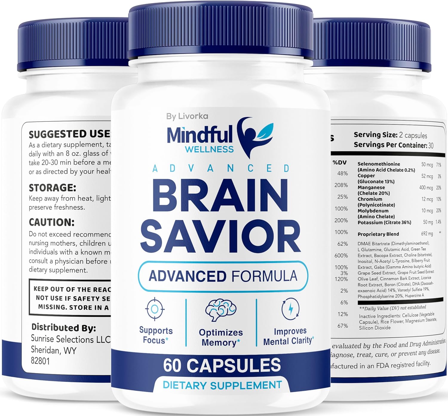 2 Pack LIVORKA Mindful Wellness Brain Support Capsules - Premium Natural Formula, 120 Capsules for 60 Days