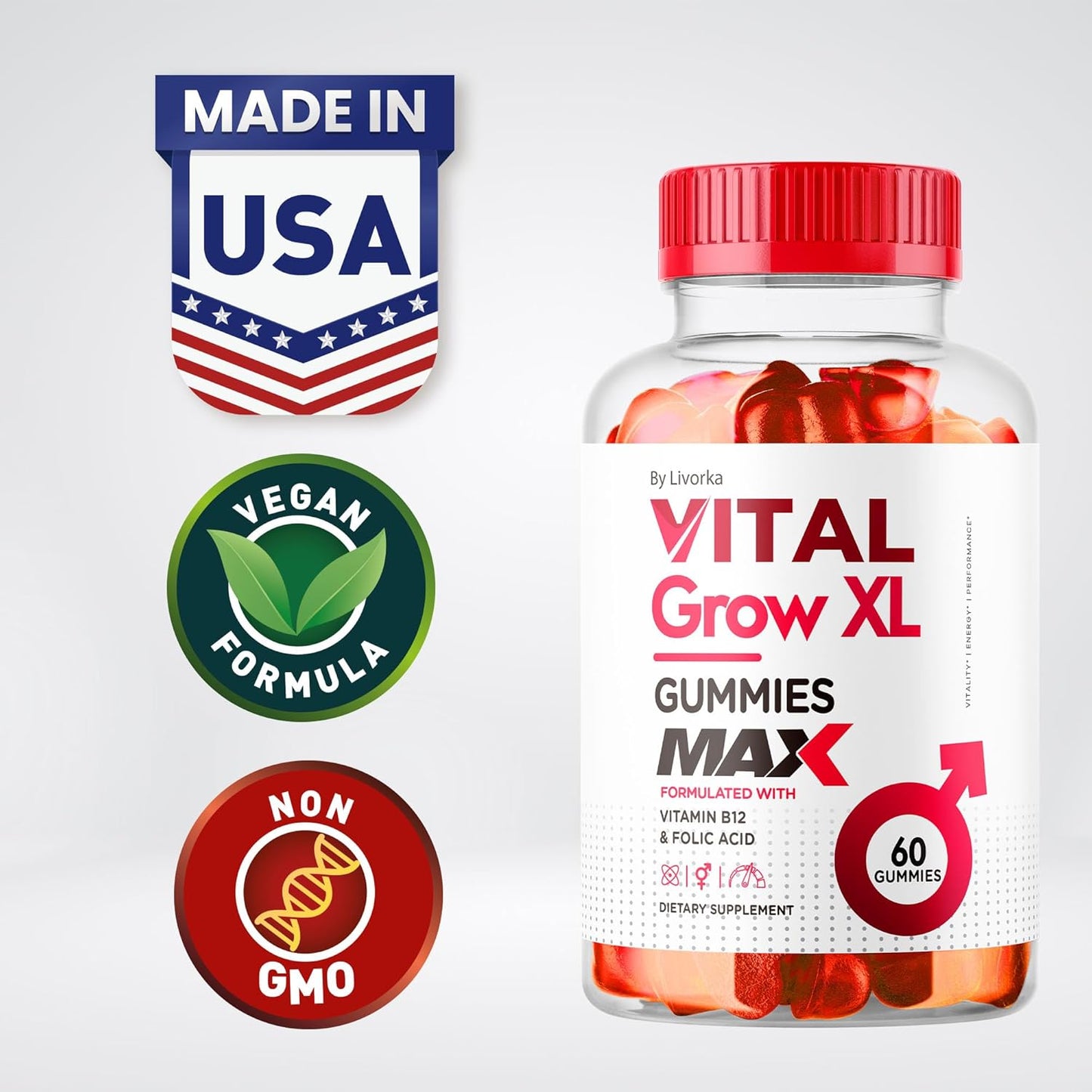 2 Pack LIVORKA Vital Grow XL Men's Performance Gummies - 1050MG Blend, Advanced Formula for 2 Month Supply