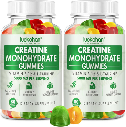 2 Pack LUCKCHAN Creatine Monohydrate Gummies 5000mg - 160 Count Pre-Workout Supplement for Muscle Strength & Energy Boost